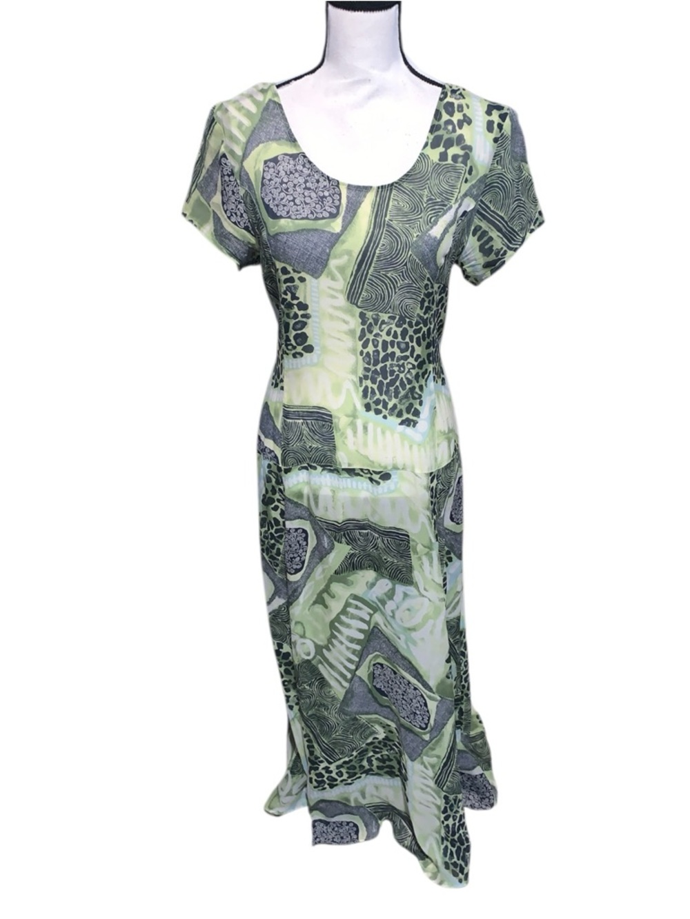 Vintage Gala Dresses Green Patterned Short-Sleeve Maxi Dress Silk